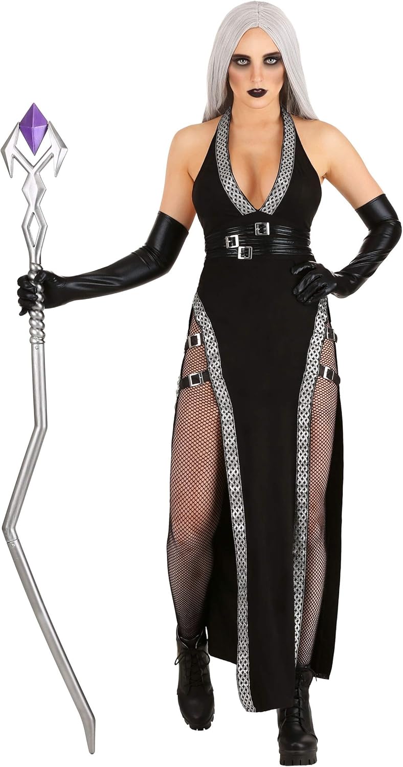 Women's Enchanted Warlock Costume Black Witch Dress with Hooded Cloak Warlock Witch Outfit Halloween Costume