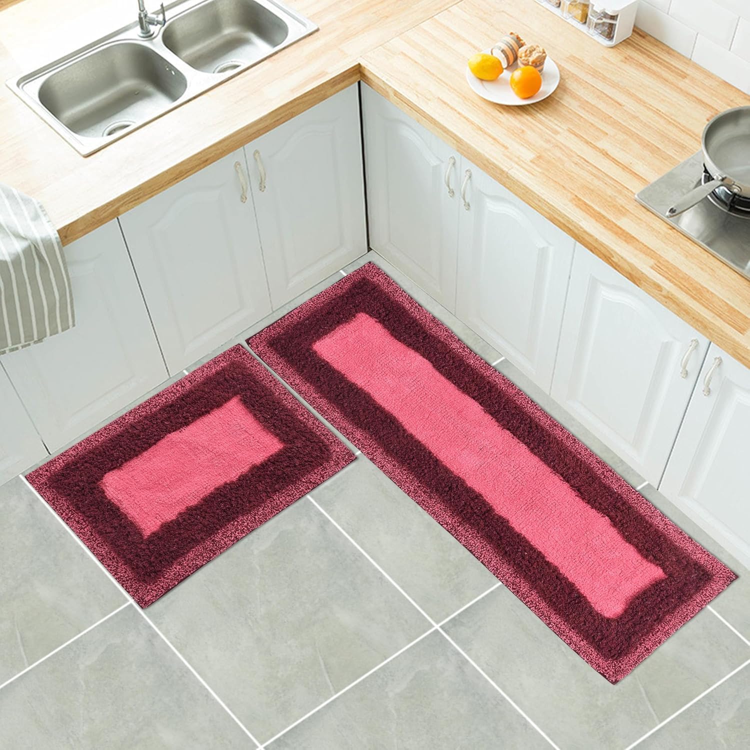 Rosslyn Cotton Kitchen Mat and Runner| Floor Mat | Door Mat|Soft,Washable, for Kitchen, Floor, Bedroom, Office| Combo Pack of 2 (40x120 (40 x 60 CM), (Pink)