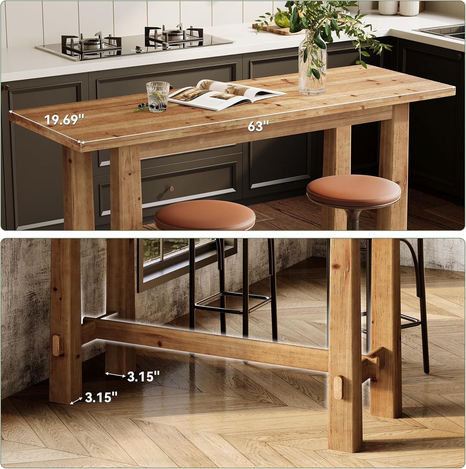 Solid Wood Dining Table, 63" Long Bar Height Commercial Pub Table with Footrest, High Top Furniture for Kitchen, Café or Restaurant, Patio, Bakery (Only Table)