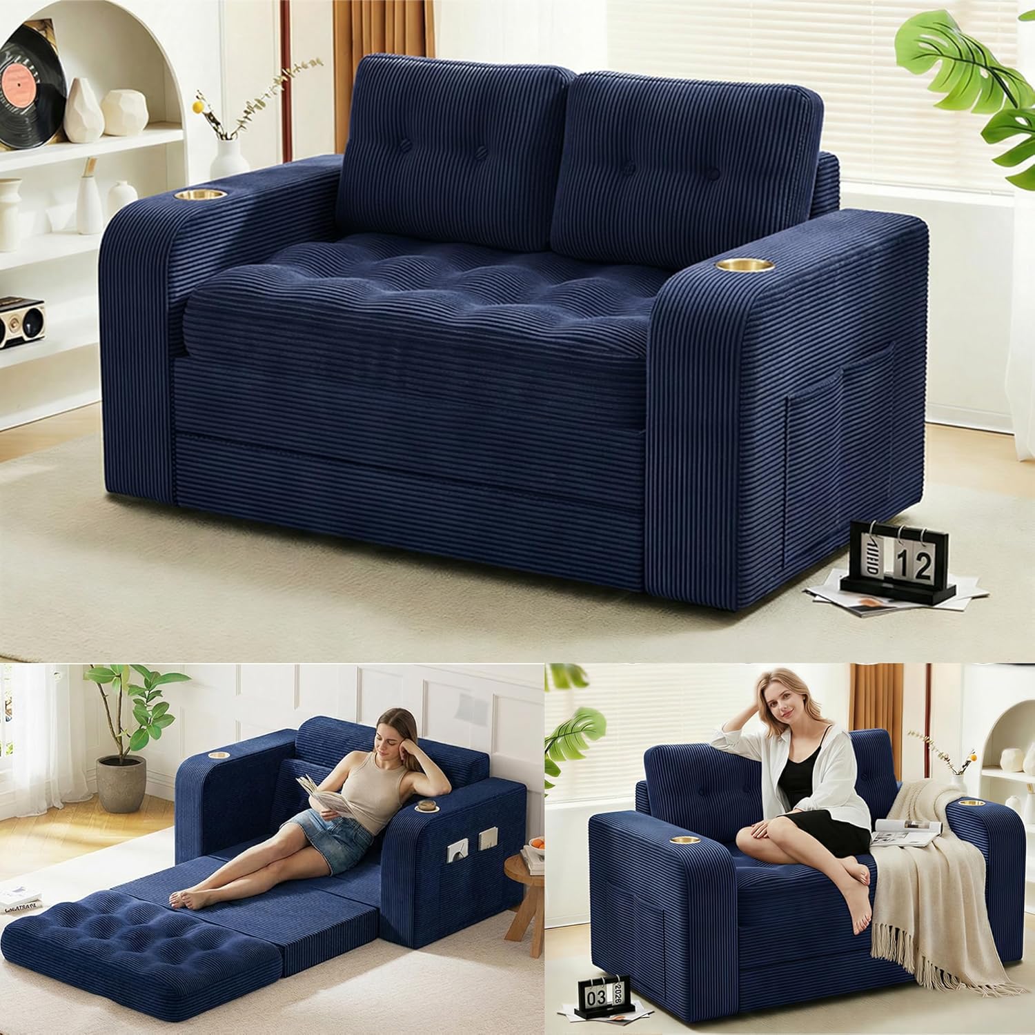 Boneless Loveseat Sleeper Sofa Bed, 2‑in‑1 Convertible Sofa Bed, Folding Boneless Couches for Living Room, Fold Out Small Foldable Loveseat Floor Sleeper Comfy Mattress Lounge Space‑Saving, Blue