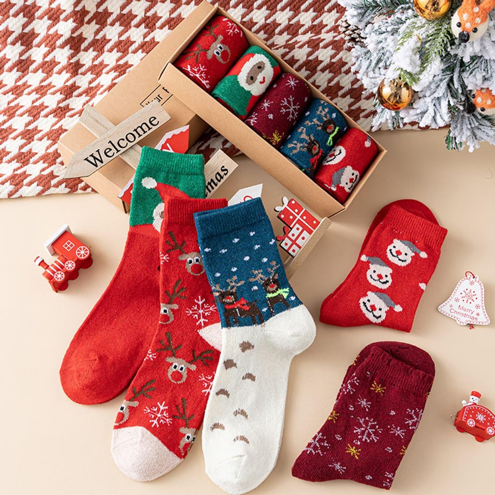 Set di calzini natalizi, 10 paia di calzini natalizi in caldo cotone con scatola per regali di Natale per famiglie adolescenti