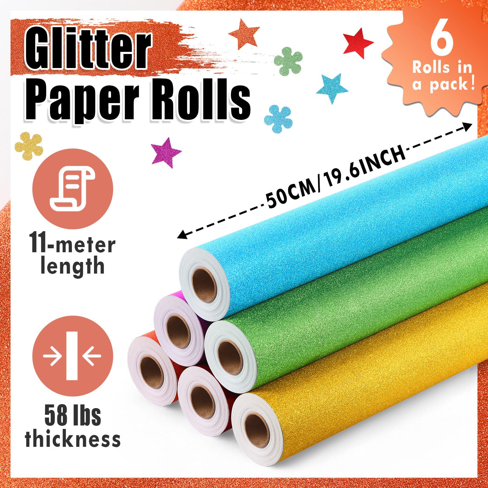 Janlaugh Pinnwand-Papierrollen, bunt, glitzernd, goldfarben, orange, lila, rot, blau, grün, lichtbeständig, große farbige Bastelpapiere für Klassenzimmer-Dekoration, 48,3 x 10,2 m, 6 Stück