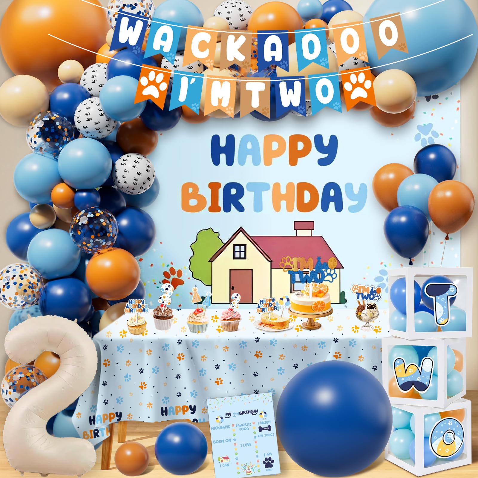 Photo 1 of ZDHOOKAN Blue Dog 2nd Birthday Party Supplies Blue & Orange Themed Second Birthday Decorations Backdrop Balloons Arch Box High Chair Banner Bday Party Idea for Baby Boys|Girls