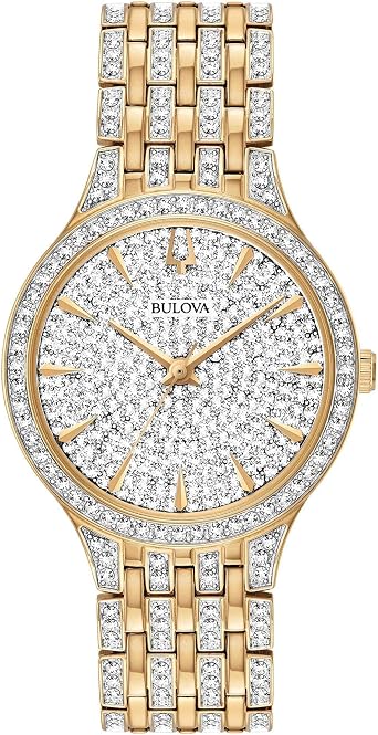 Bulova Ladies Crystal Phantom Gold Tone Stainless Steel 2-Hand Quartz Watch, 440 Crystals and Pave Dial Style 98L263