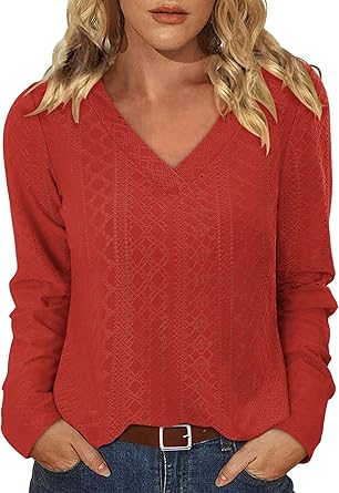 KISSMODA Long Sleeve Fall Shirts For Women V Neck Tunic Tops Embroidered Button Down Knitted Blouses 2025