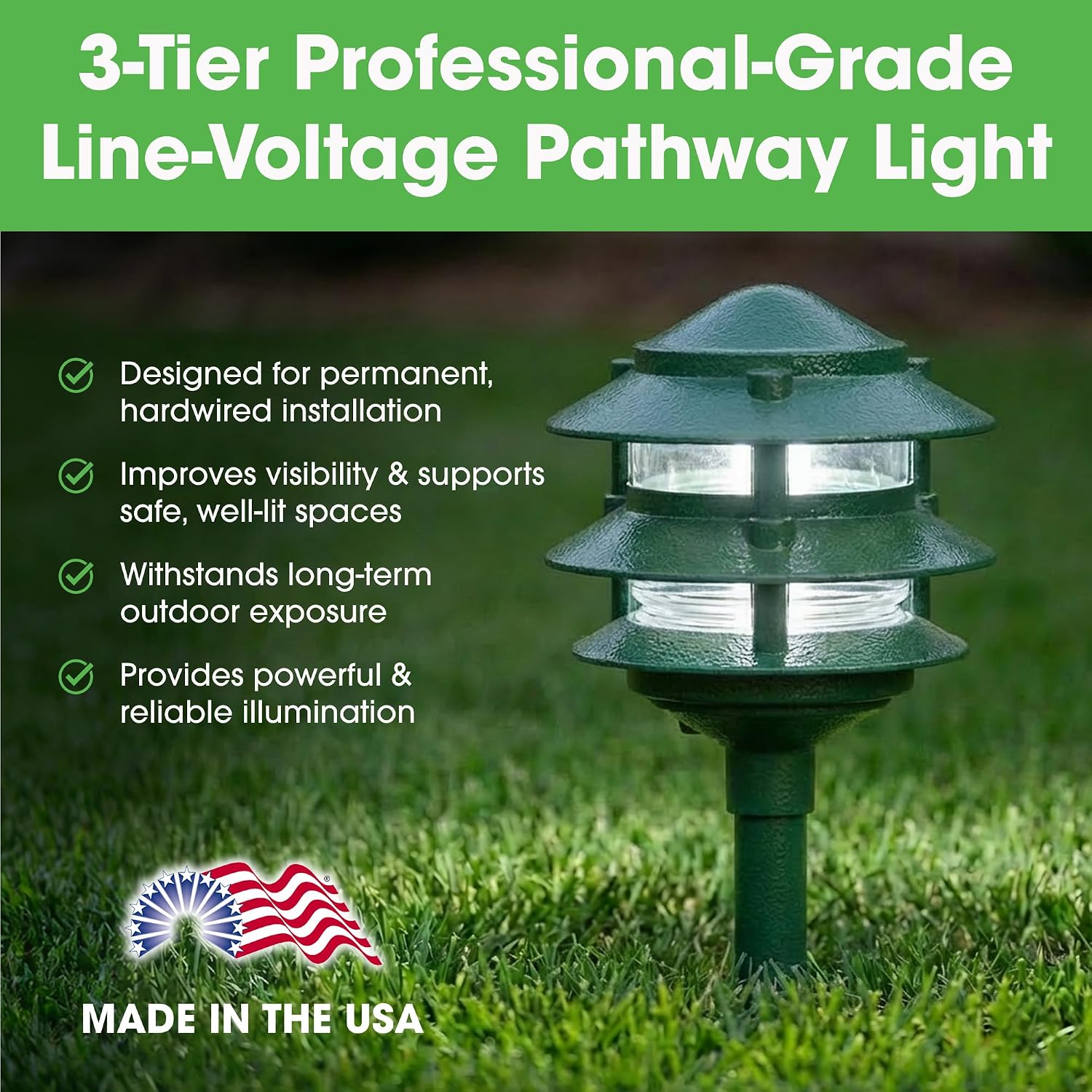 Greenfield Weatherproof Line-Voltage (120V) 3-Tier LED Outdoor Pathway Light – Permanent Outside Light for Walkway, Driveway & Landscaping – Professional Grade & Made in USA – Green