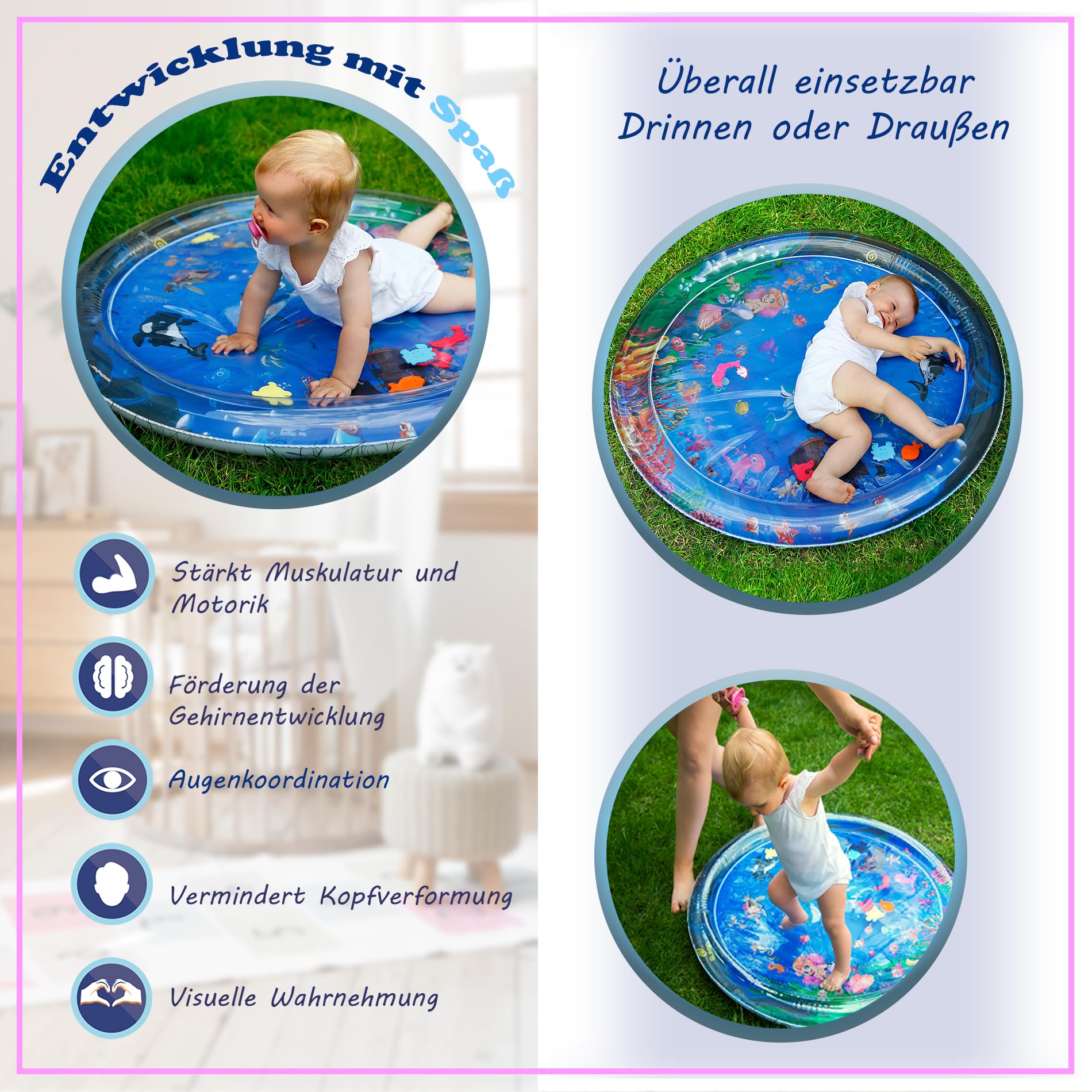 Wassermatte Baby, Wasserspielmatte Baby BPA frei XXL, Bauchlage Spielzeug Baby ab 3, 6 und 9 Monate, Baby Wassermatte (XXL 100 cm)