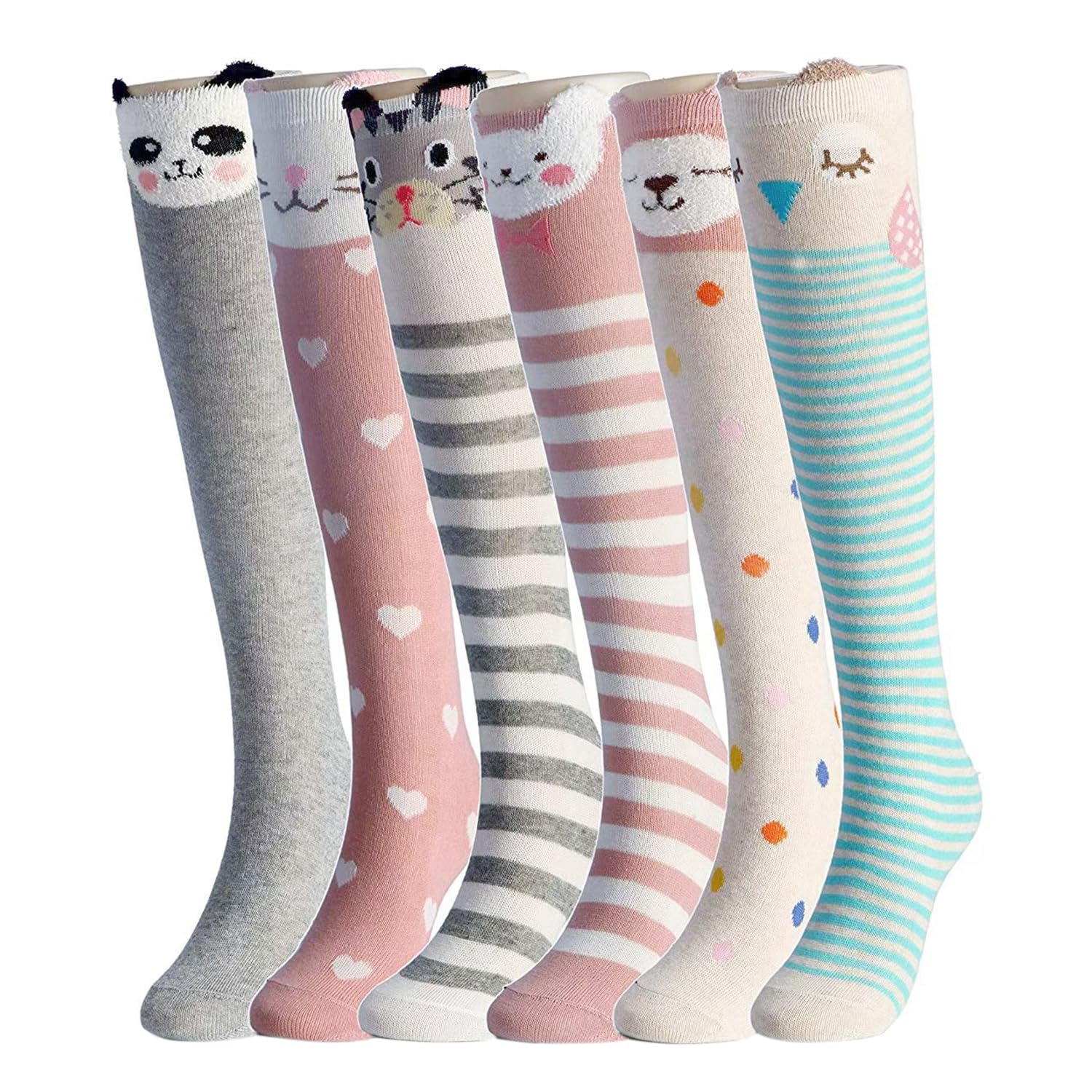 HCliptie Calcetines hasta la rodilla de algodón animal de dibujos animados para niños, 6 colores, talla única