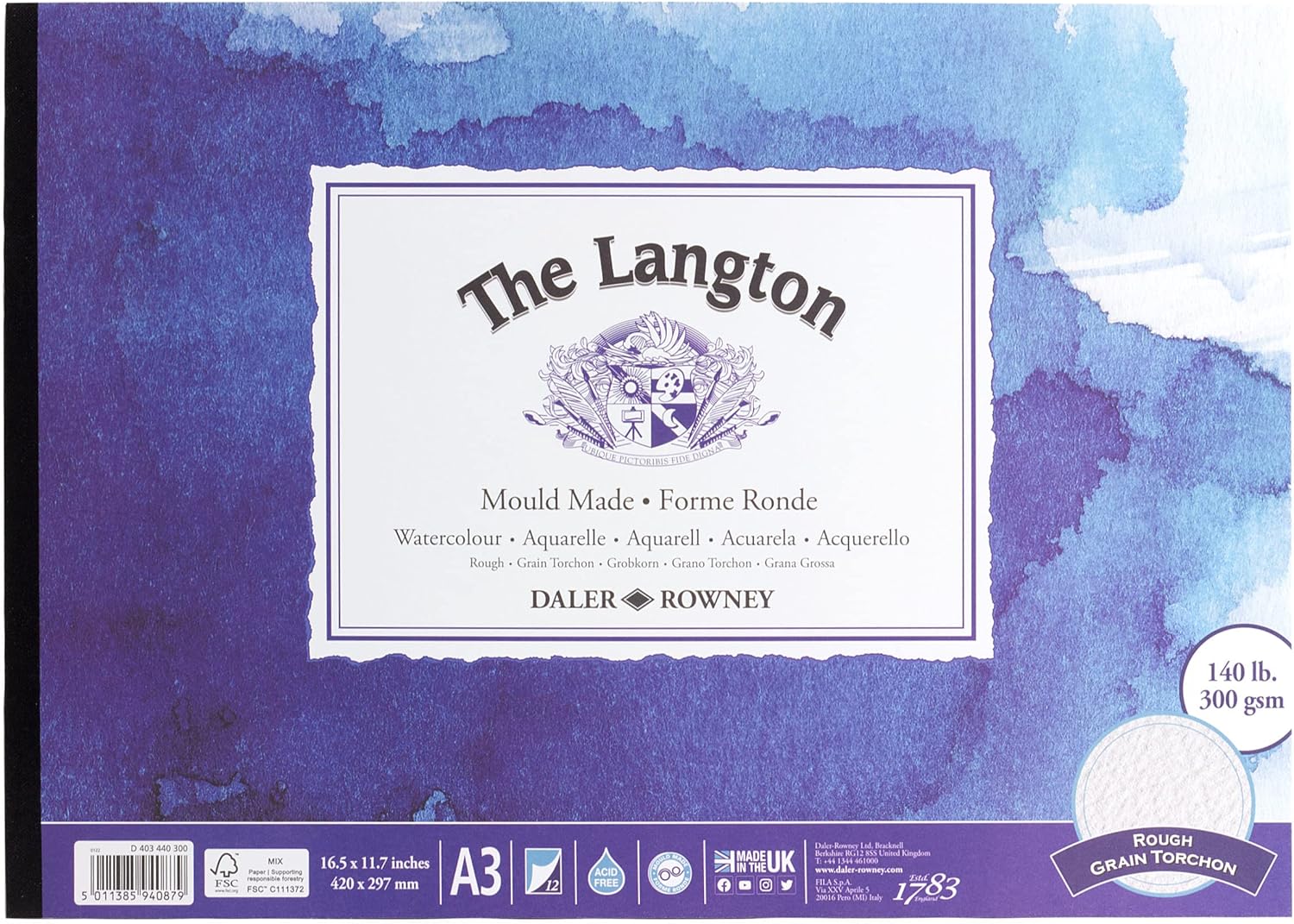 DalerRowney The Langton Rough 300gsm A3 Watercolour Paper Pad, Glued 1
