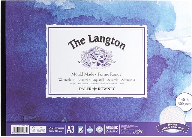 Daler-Rowney The Langton Rough 300gsm A3 Watercolour Paper Pad, Glued 1 Side, Acid-free, 12 Natural White Sheets, Ideal for Professional Artists