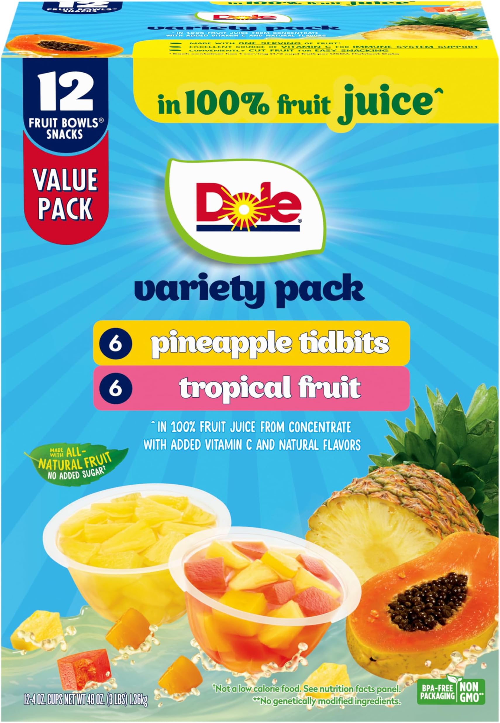 Dole Pineapple Tidbits and Tropical Fruit in 100% Juice Variety Pack - Dole Fruit Bowls Snacks - 4 oz Bowls - 12 Pack