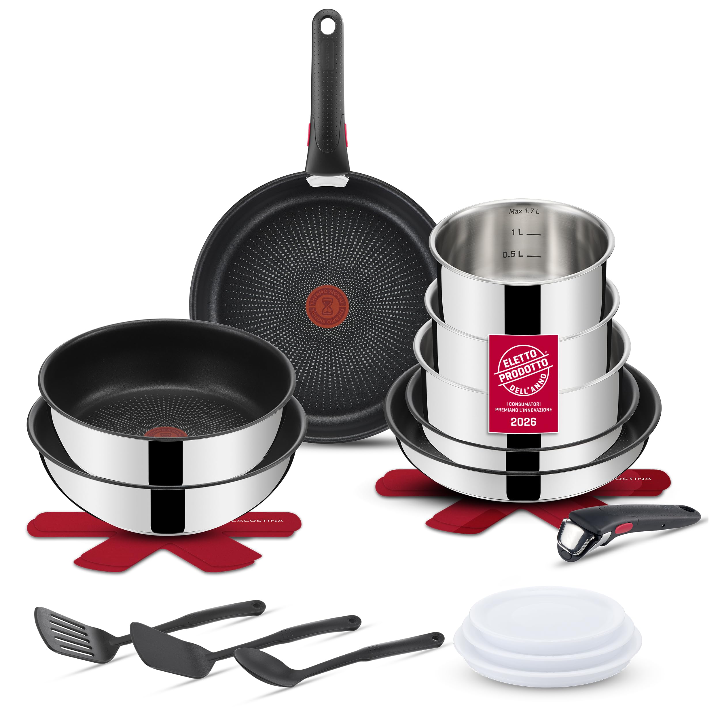 Lagostina Ingenio Inox, Set 20 Pezzi, Padelle, Wok e Tegame con Rivestimento antiaderente, Casseruole in Acciaio Inox, con Manico Rimovibile, per Tutte le Fonti di Calore, Inclusa Induzione