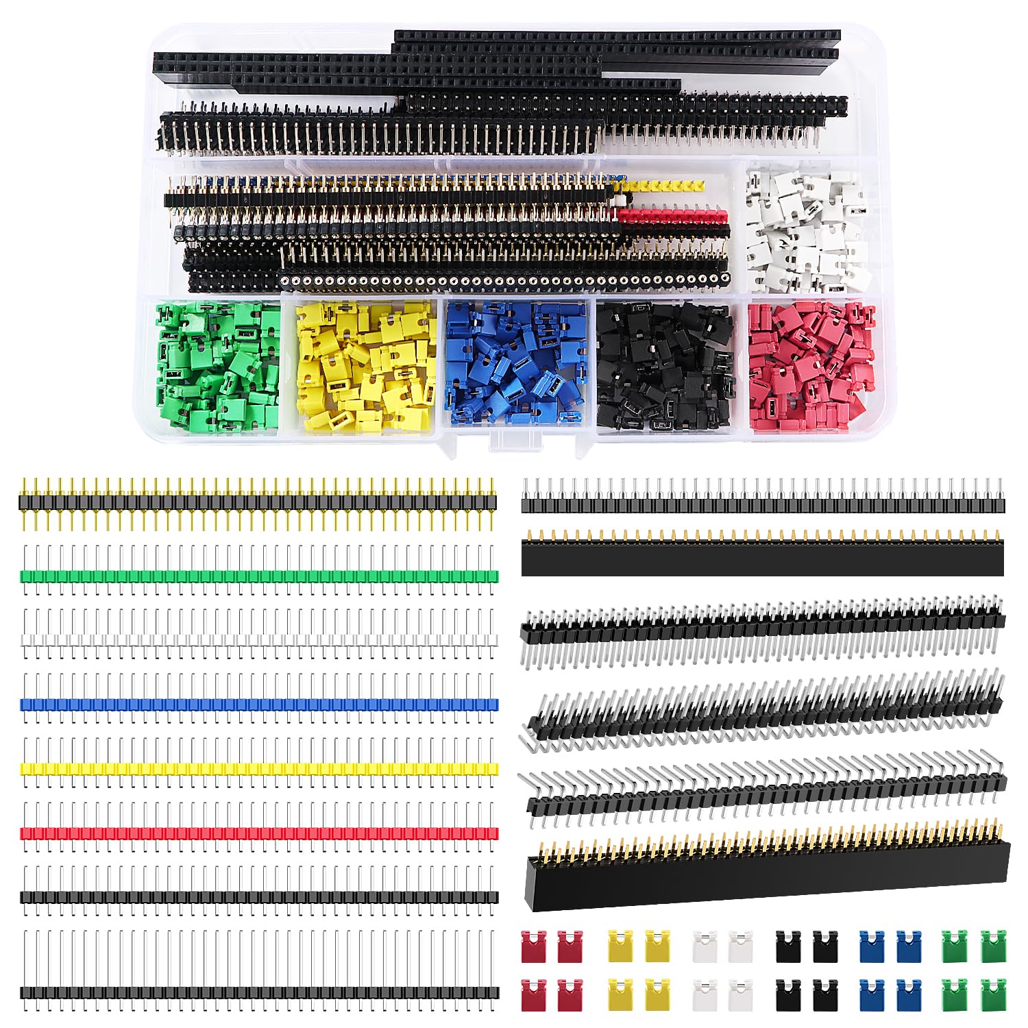 VooGenzek 395 PCS Color Pin Header Kit, Male & Female Pin Header Connector 2.54mm, 2.54mm Circuit Board Mini Jumper Cap Connector, 2.54mm Pin Headers 40 Pin Breakaway PCB Board Pin Header Connector