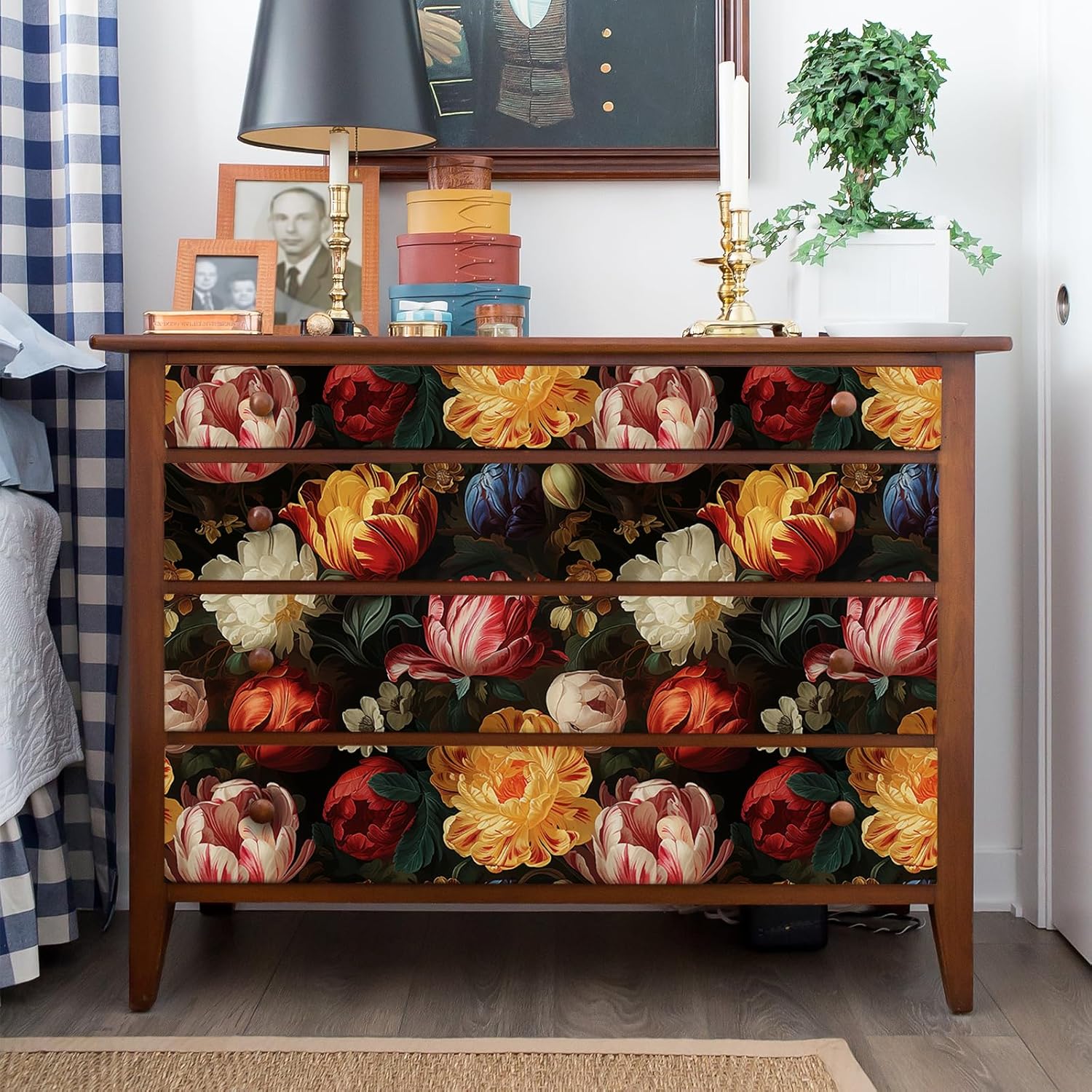 VEELIKE 17.7''x354'' Antique Dutch Tulips Wallpaper Peel and Stick Vintage Dark Floral Wall Mural Self Adhesive Removable Wallpaper for Bedroom Girls Room