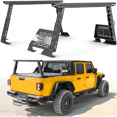 MONOKING Mid-Size Truck Bed Rack with DIY Flag Panels, Adjustable 16'' to 25'' High Cargo Rack for Gladiator JT Tacoma Frontier Canyon Colorado Ranger Maverick Ladder Rack for Rooftop Tent Camping