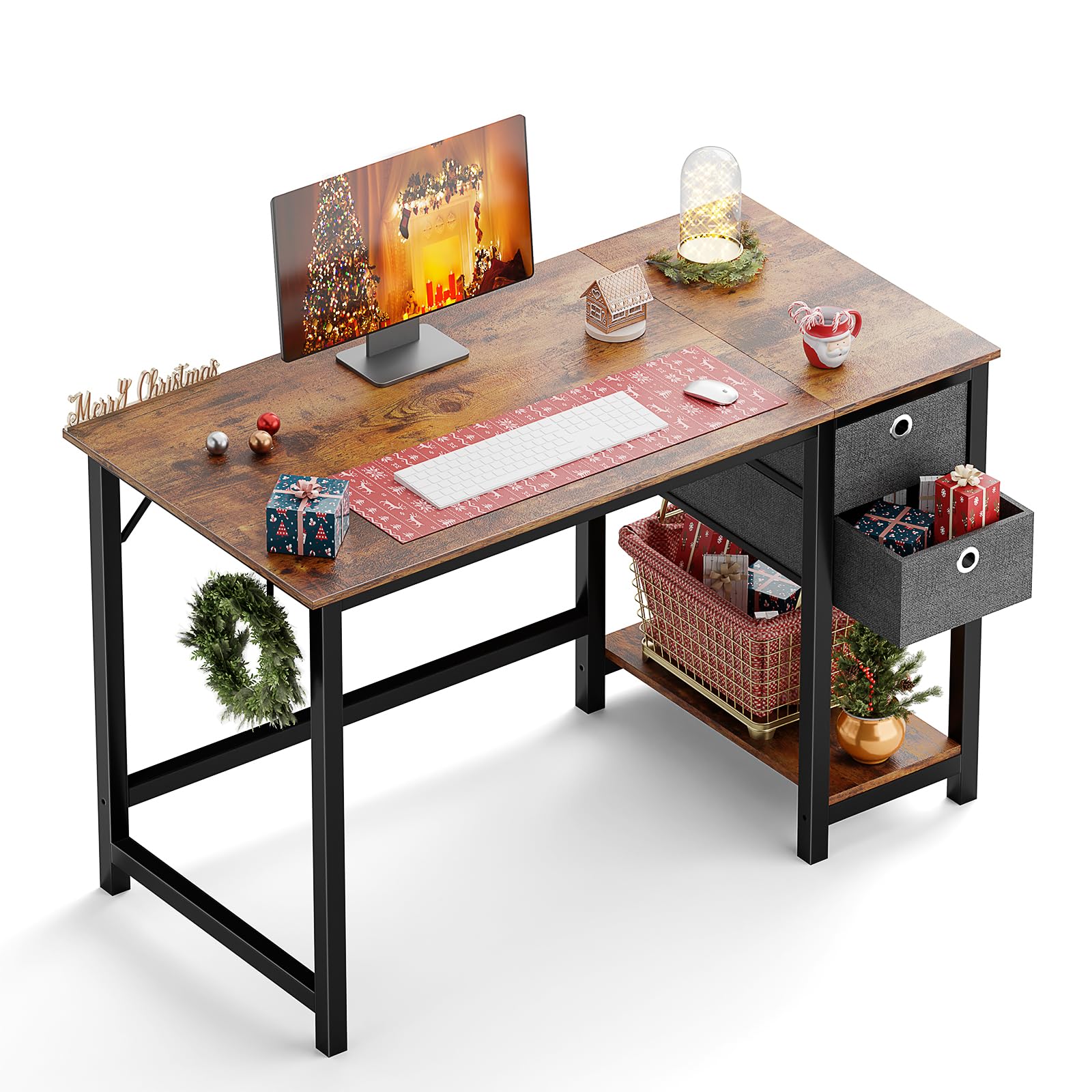 OLIXIS Computer Desk with Drawers 48 Inch Office Small Spaces Table Home Writing Simple Modern Work PC Student Wooden Desktop with Headphone Hook Side Bag for Bedroom, Home, Room, Rustic