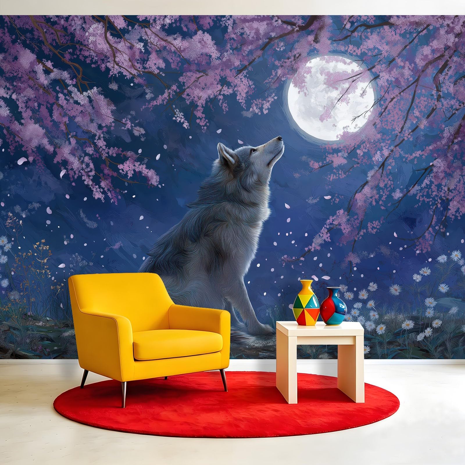 Générique Panoramiczna tapeta z włókniny fantastyczne gwiaździste niebo 250 x 175 cm, wilk kwiaty zwierzę tapeta - do salonu sypialnia jadalnia dekoracja ścienna, rozmiar na zamówienie