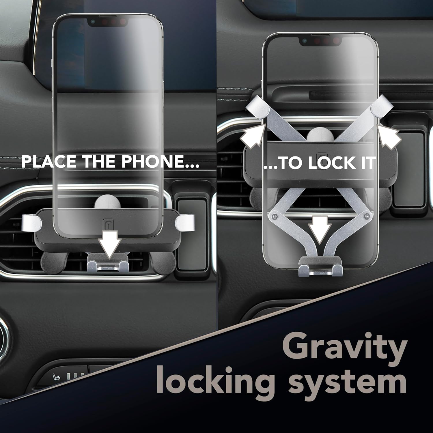 Sequence showing how to place a phone into the holder and activate the gravity locking system.