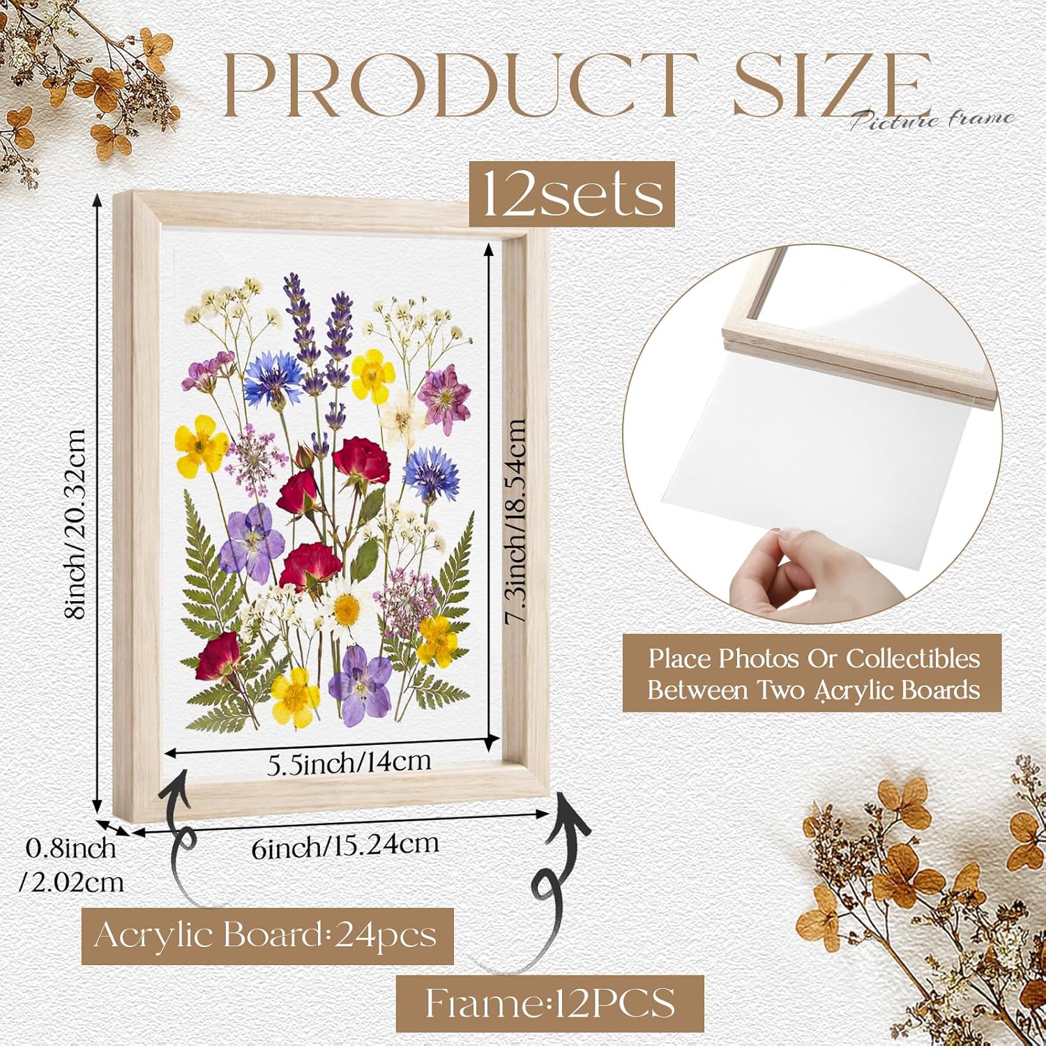 12 Pack Pressed Flower Frames 8x6, Double Clear Acrylic Floating Picture Frame for Botanical Specimen, Wooden Herbarium Display Frame for Wall or Tabletop, DIY Flower Preservation Decor