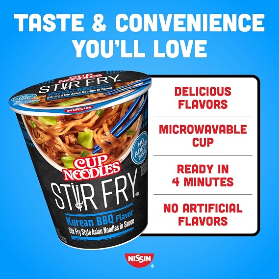 Nissin Cup Noodles Stir Fry Noodles in Sauce, Korean BBQ, 2.89 Ounce (Pack of 6)