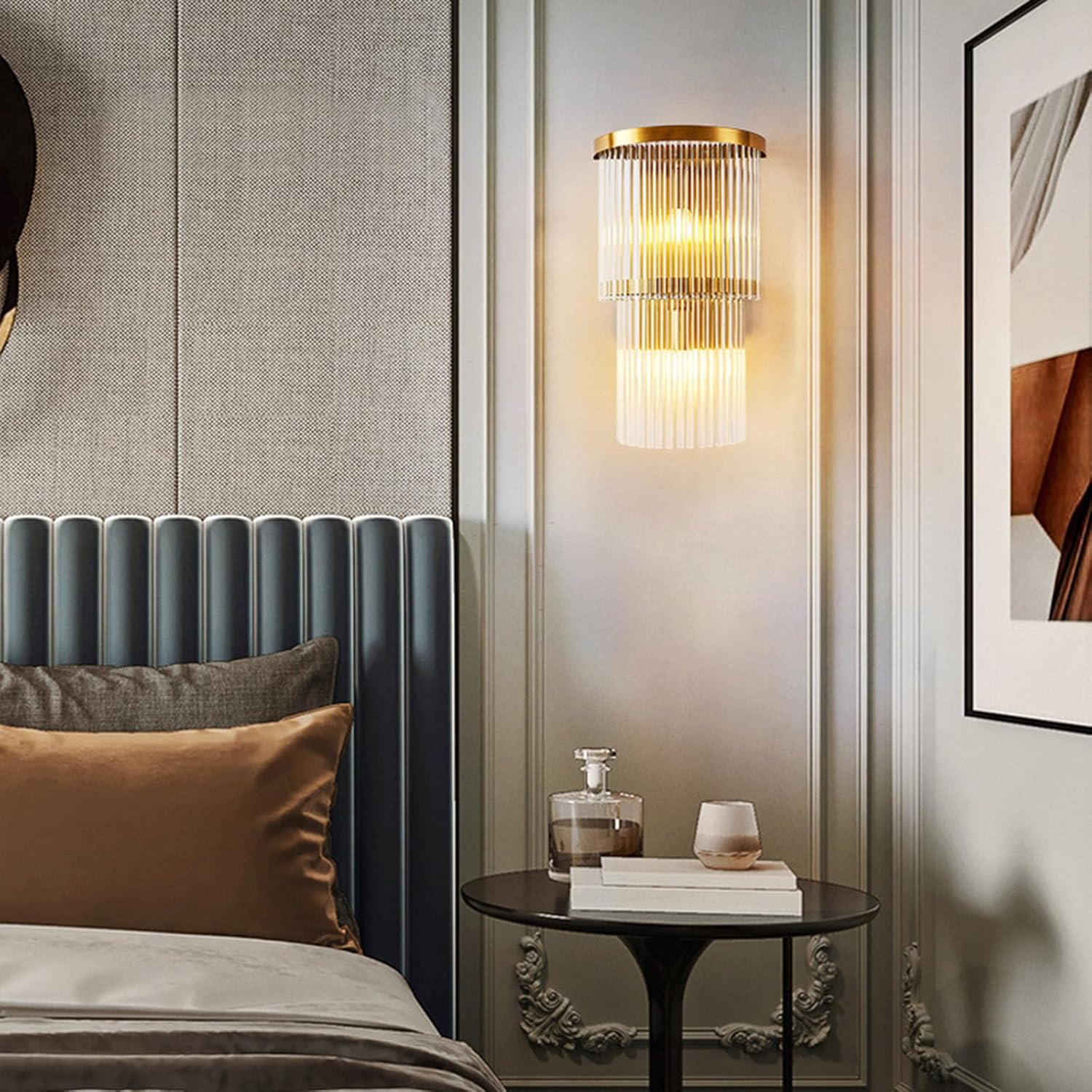 Modern Double-Layered Gold Crystal Wall Sconce Light, E14 LED Luxury Wall Lamp with Gold-Finish Stainless Steel Frame for Bedroom, Living Room, Hotel