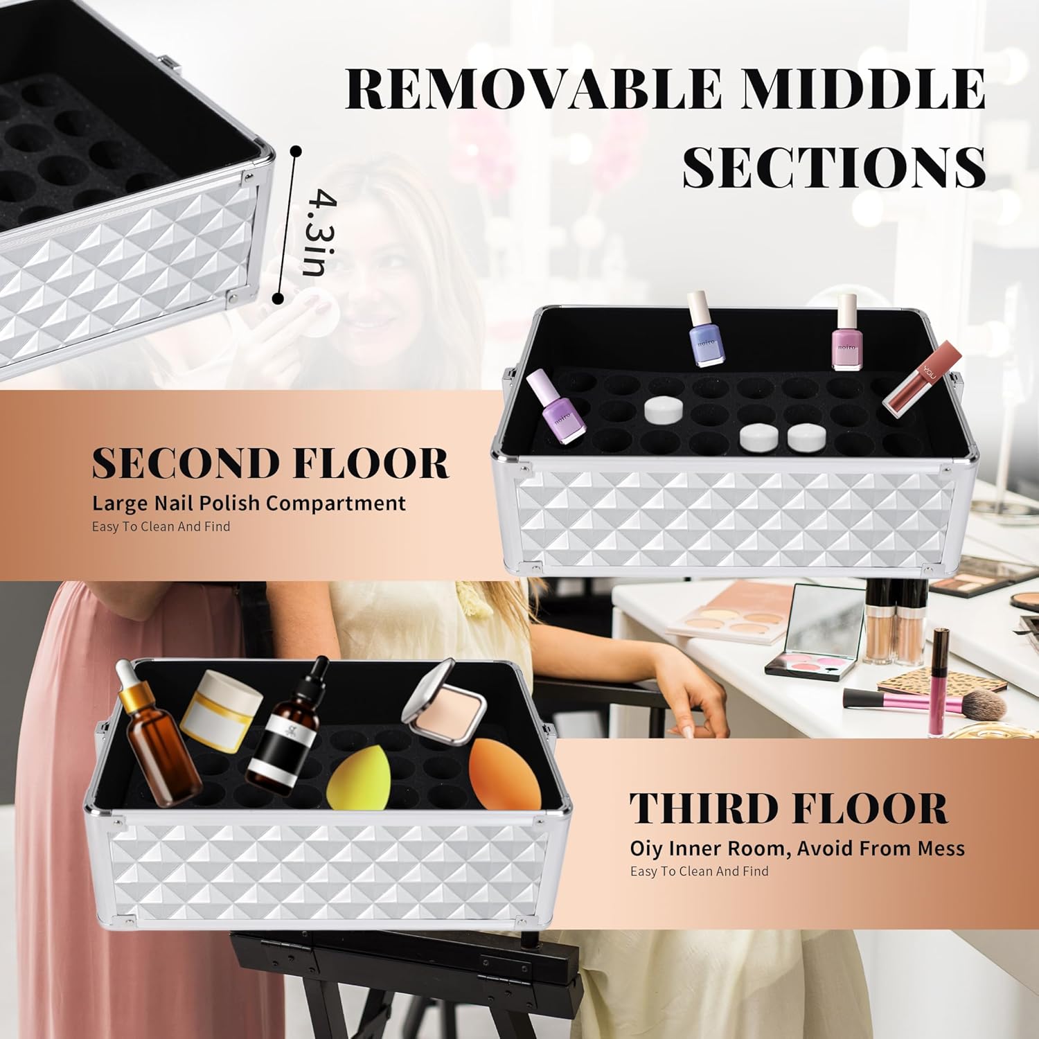 AROUS Rolling Makeup Train Case 4 in 1 Cosmetology Case on Wheels Large Storage Cosmetic Trolley with Key Salon Barber Case Traveling Cart Trunk, Silver - Image 5