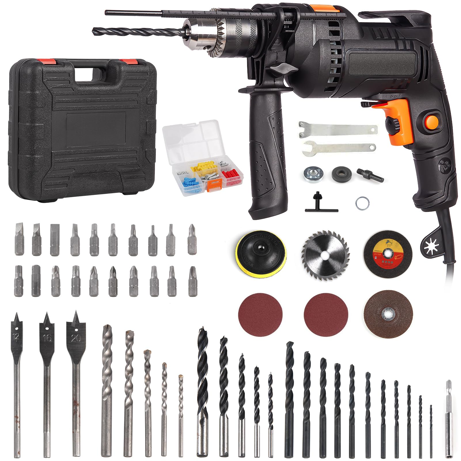 Ponicozy Electric Impact Drill Kit, Multifunctional Hammer Drill, Variable Speed Drill Set with Saw Blade Grinding Wheel for Drilling Wall Bricks Wood Metal