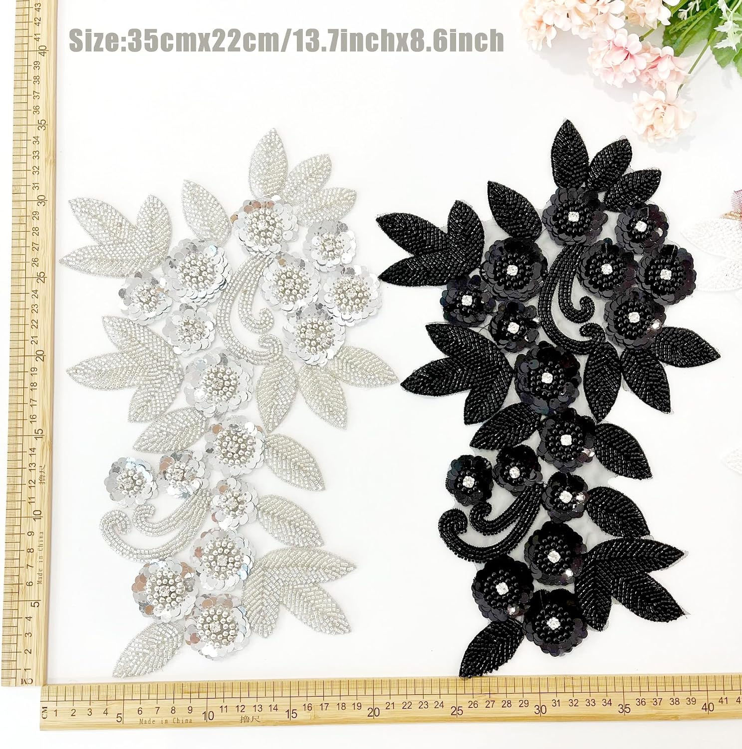 Luxury 3D Flower Beaded Lace Applique -Faux Pearl Sequin Embroidered Bodice Patch Sew on Motif for Sewing Bridal Evening Dresses Wedding Home Decorations (Gold)