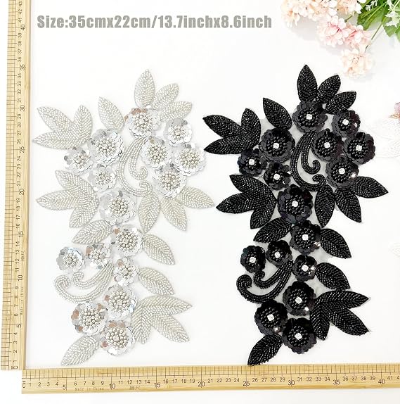 Luxury 3D Flower Beaded Lace Applique -Faux Pearl Sequin Embroidered Bodice Patch Sew on Motif for Sewing Bridal Evening Dresses Wedding Home Decorations (Rose Gold)