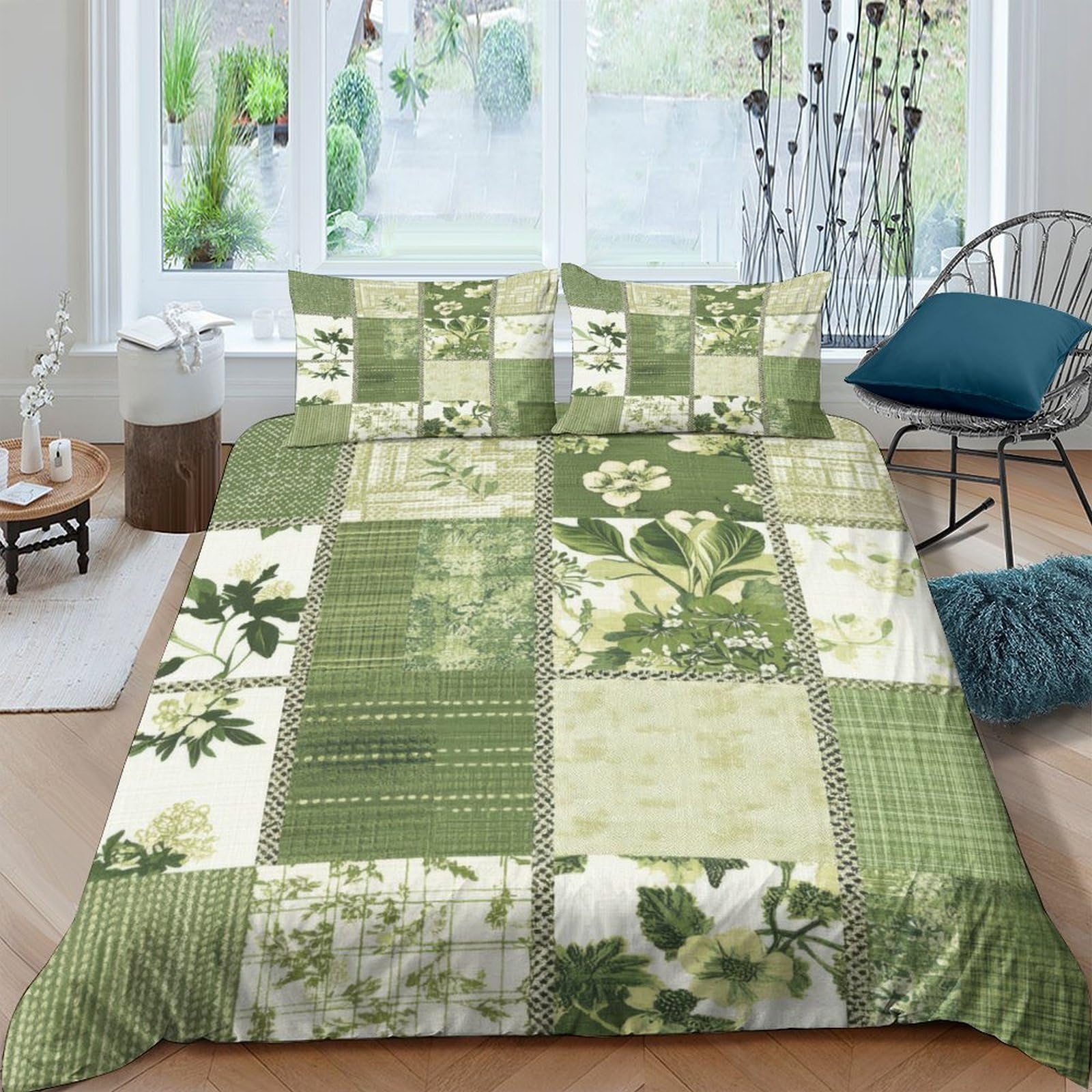 XFKLYNVCJ 3D Printed Green Patchwork Duvet Cover Premium Polyester Botanical Garden Style Bed Cover Quick Drying for Student Accommodation University Dorm Bedroom Use Single（135x200cm）