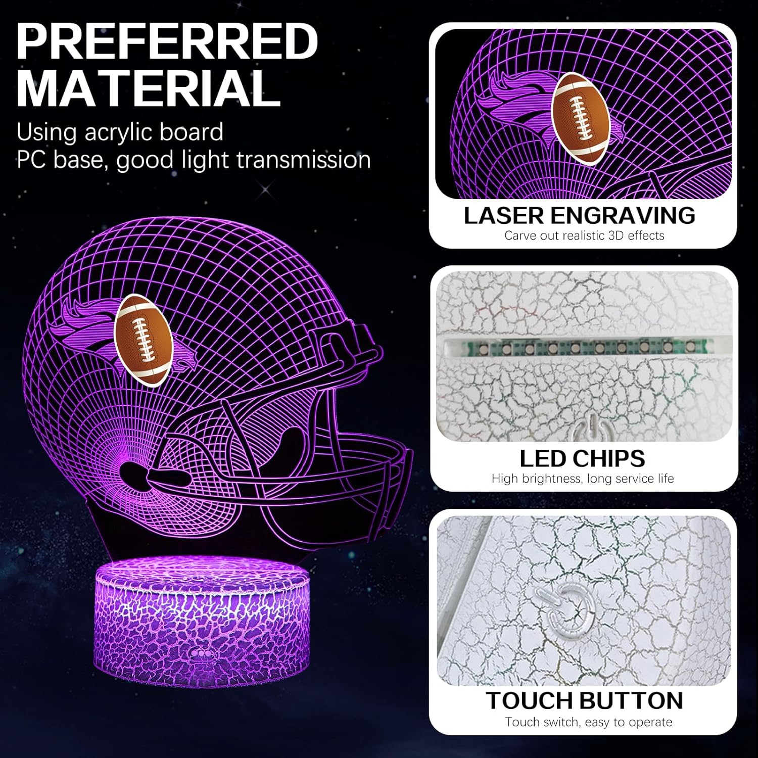 3D LED Night Light Football Helmet Design for Den, 16 Colors Changing Table Lamp with Remote & Touch Control, Dimmable USB Bedroom Night Lamp, Kids Room Decor & Holiday Gift
