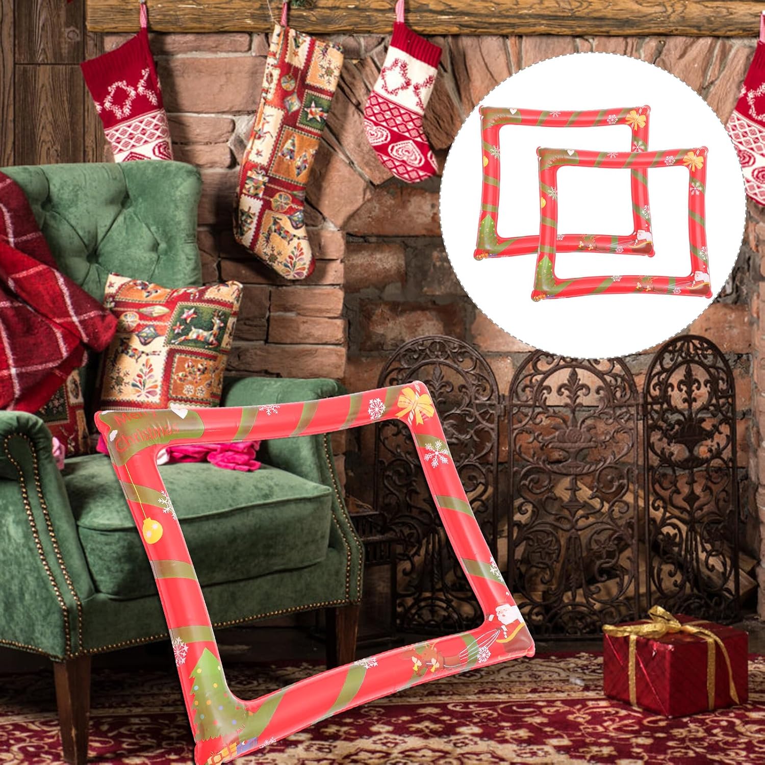 2Pcs Inflatable Christmas Photo Booth Frames Red Pet Material Bright Party Props for Festive Decoration and Memorable Holiday Pictures