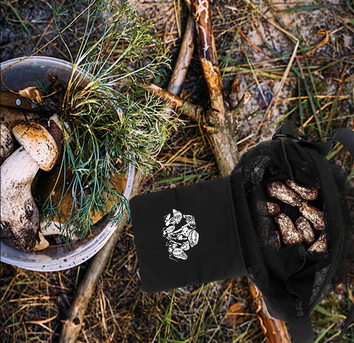 Borsa per la raccolta dei funghi in Nylon 42x36 cm pieghevole a rete con cinghia regolabile