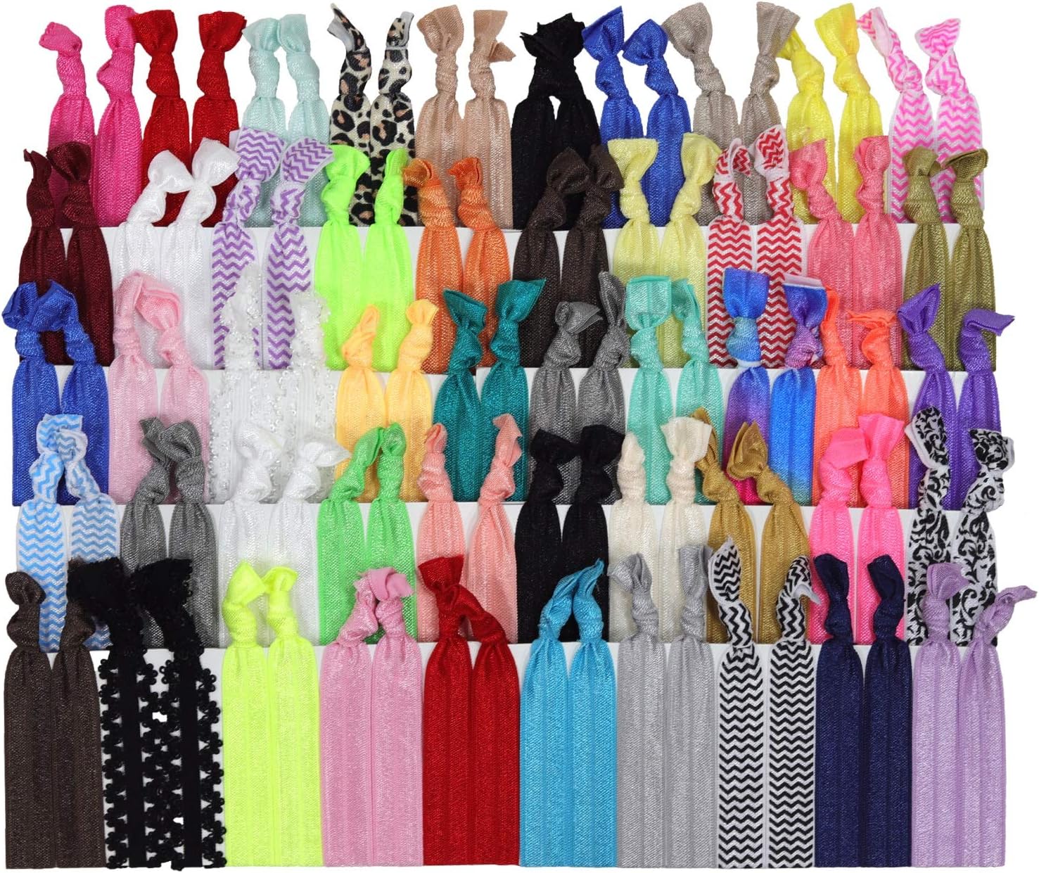 Kenz Laurenz 100 Hair Ties No Crease Ribbon Elastics Ouchless Ponytail Holders Hair Bands (100 Hair Ties-Prints and Solids)