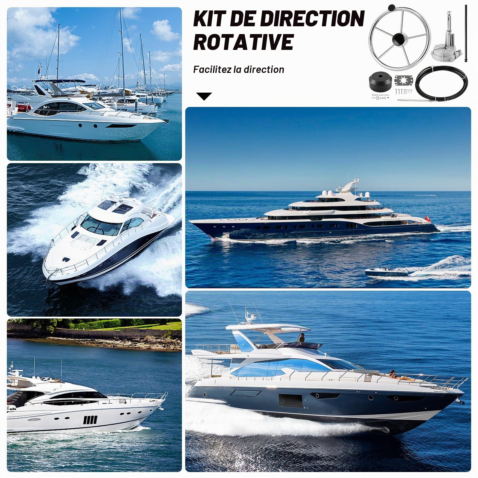 Boats Kit de direction mécanique pour moteur hors-bord avec volant et câble long pour bateaux de pêche, yachts et autres véhicules nautiques (426,7 cm)