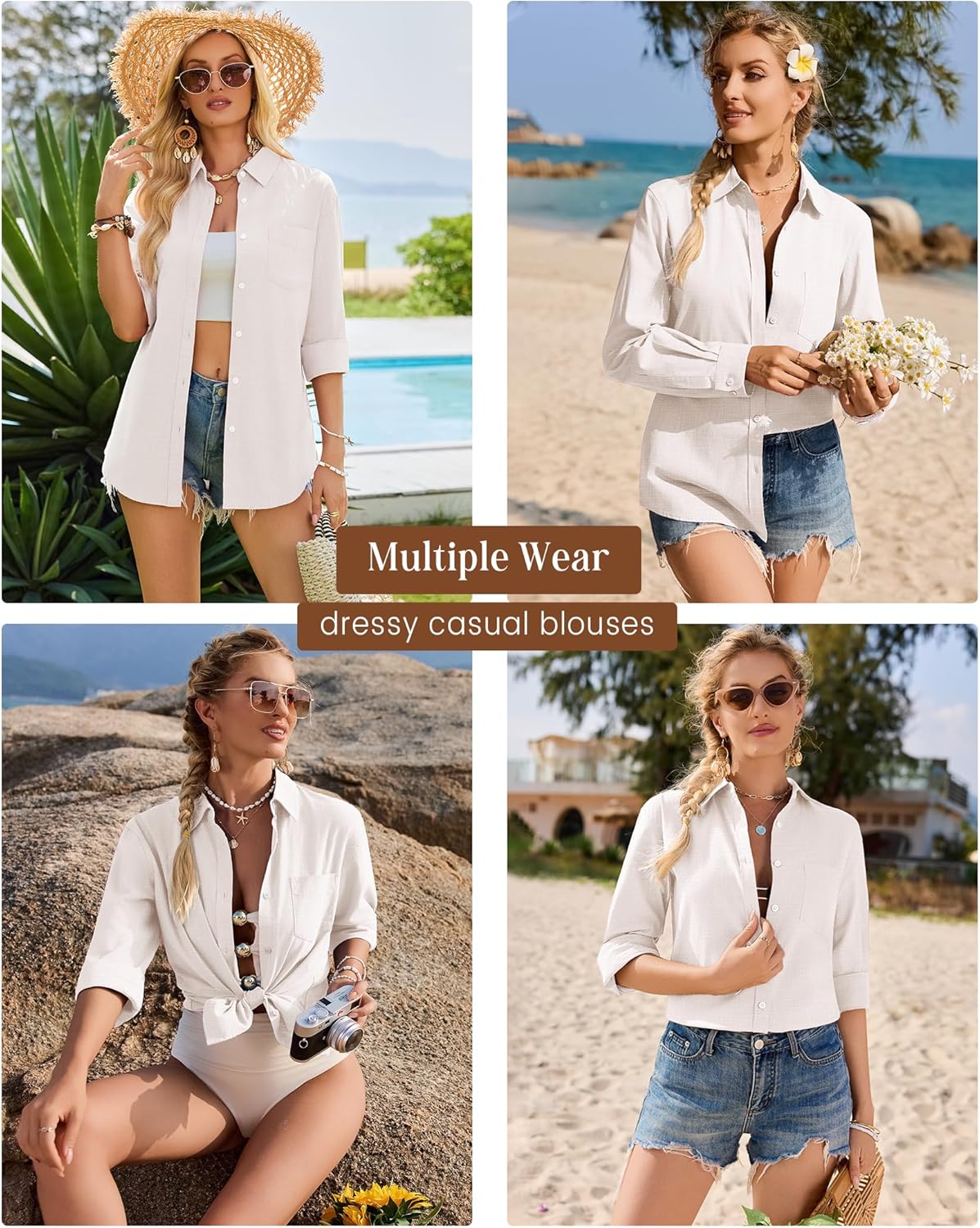 siliteelon Womens Button Down Shirt Linen Button Up Shirts for Women Long Sleeve Summer Shirt Collared Blouse Linen Tops - Image 4