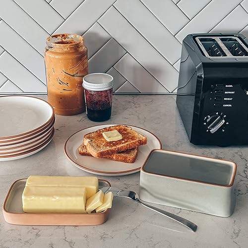 Miniatura 7 de Mora Mantequillera de cerámica dos en uno con tapa, recipiente de mantequilla cubierto para dejar en la encimera, soporte de almacenamiento grande