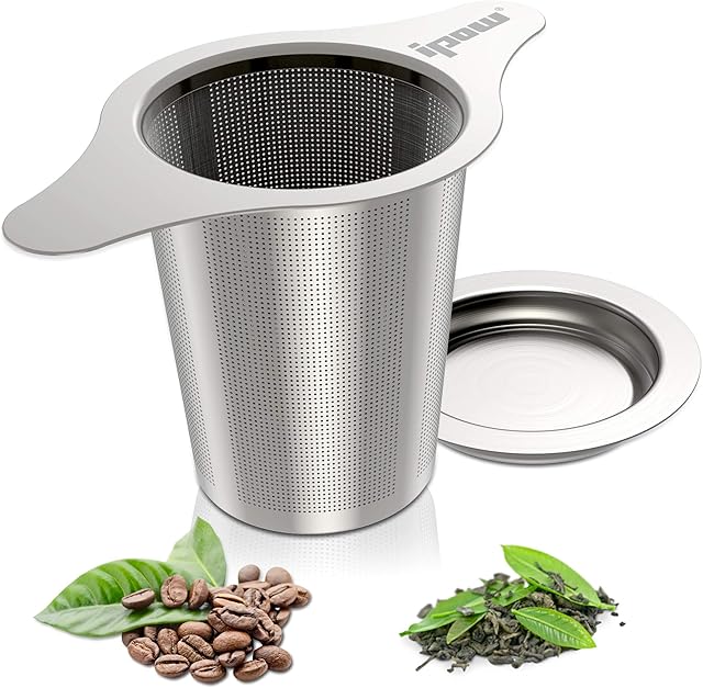 Ipow Updated Extra Fine Mesh Tea Coffee Infuser, 18/8 Stainless Steel Tea Strainer with Lid and Two Handles for Mugs, Teapots, Cups