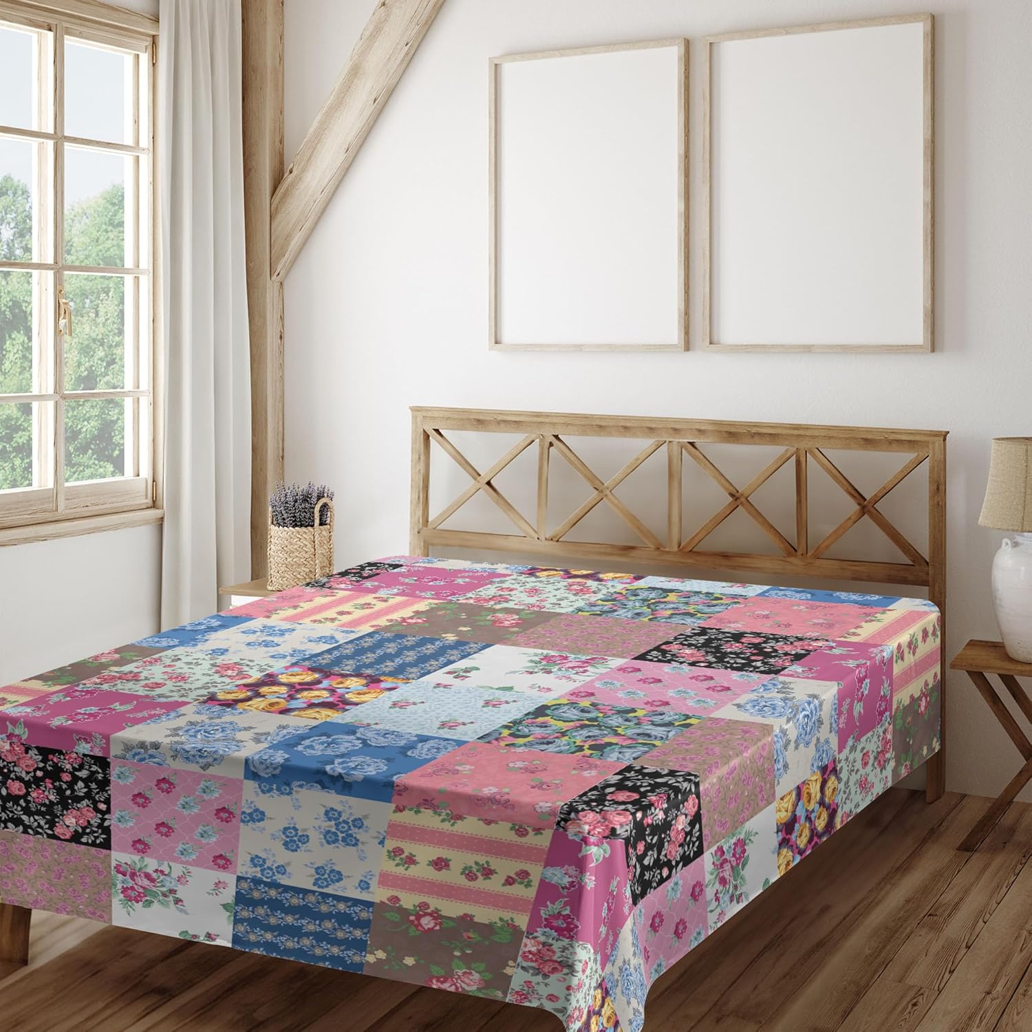 Ambesonne Vintage Flat Sheet, Geometric Checkered Squares with Blooming Flowers Spring Season Plant Arrangement, Soft and Comfortable Top Sheet Decorative Bedding 1 Piece, Full Size, Multicolor