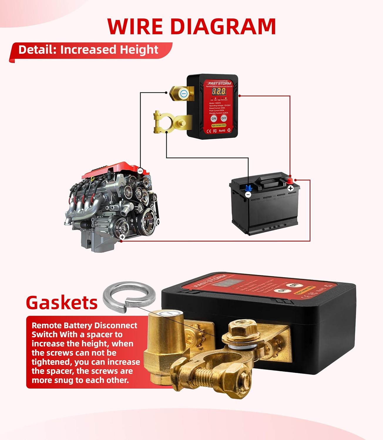 250A 12-24V Remote Battery Disconnect Switch with Extra Negative Battery Cable Led Voltage Display Car Anti Theft Kill Switch Automatic Battery Shut Off Switch