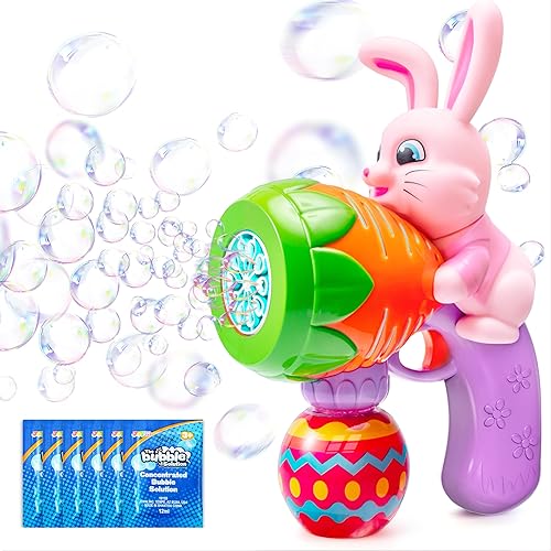 Miniatura 9 de Sloosh Pistola de burbujas de conejo de Pascua para niños de 3 años en adelante, soplador de burbujas con luz de conejo rosa con solución de recarga
