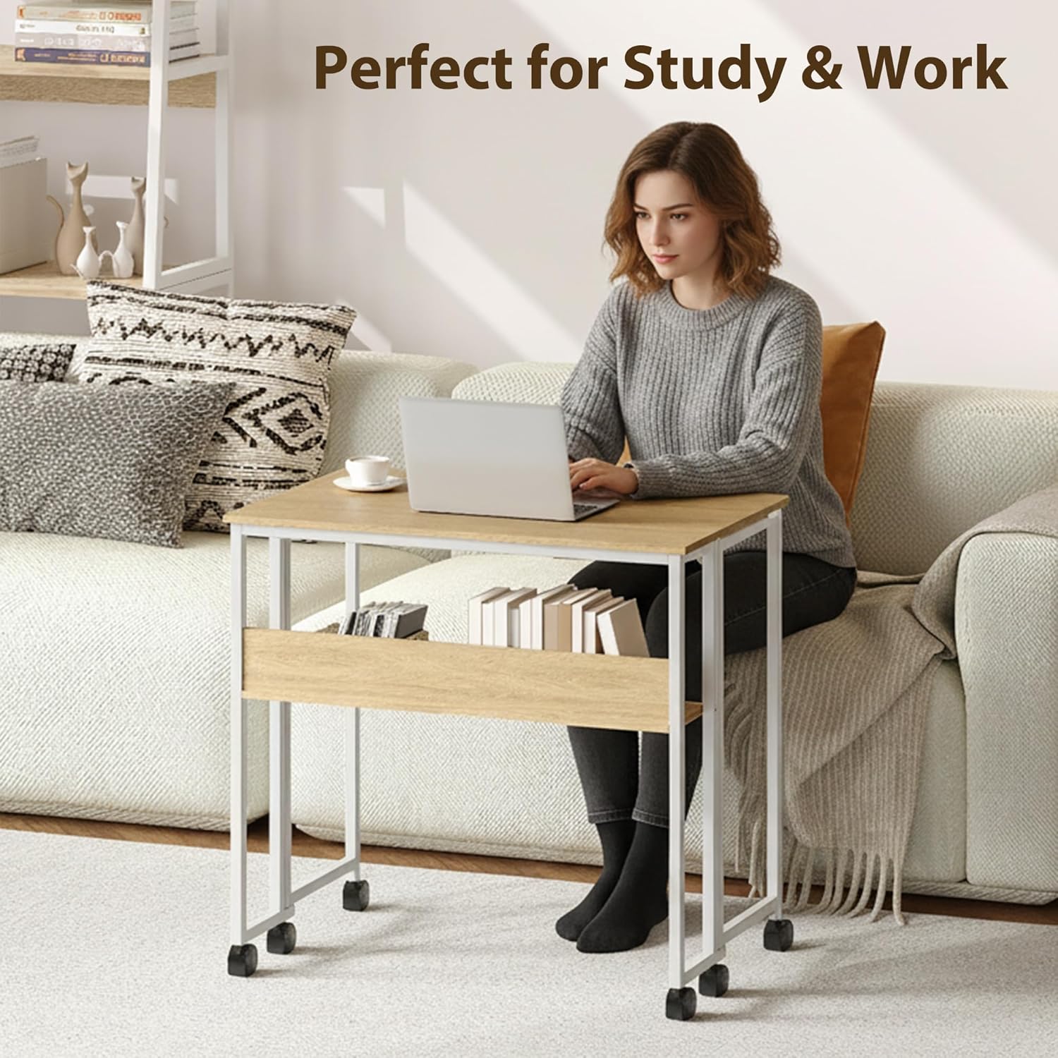 Folding Desk Small Rolling Desk with Storage Shelf,24.8 Inch Foldable Computer Table with Wheels,Portable Office Desk for Small Space Sofa Table,Easy to Fold,Writing Work Office Computer Desk,Oak