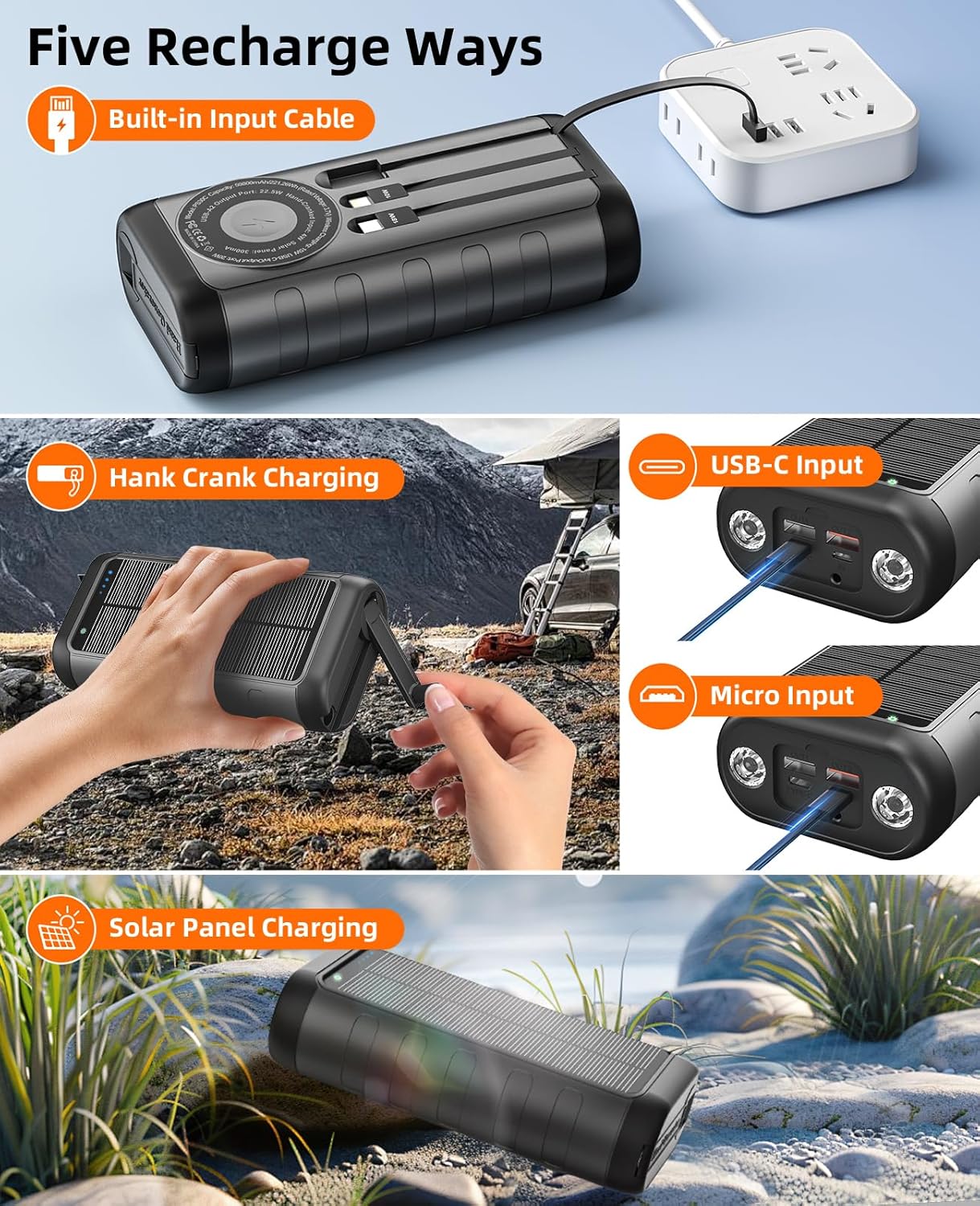 Solar Charger, 59800mAh Portable Power Bank for All Phones, Outdoor Waterproof Battery Pack Built in Hand Crank, 15W Wireless Charger 6 Outputs & 3 Inputs/LED Flashlights, Perfect for Camping Travel - Image 3