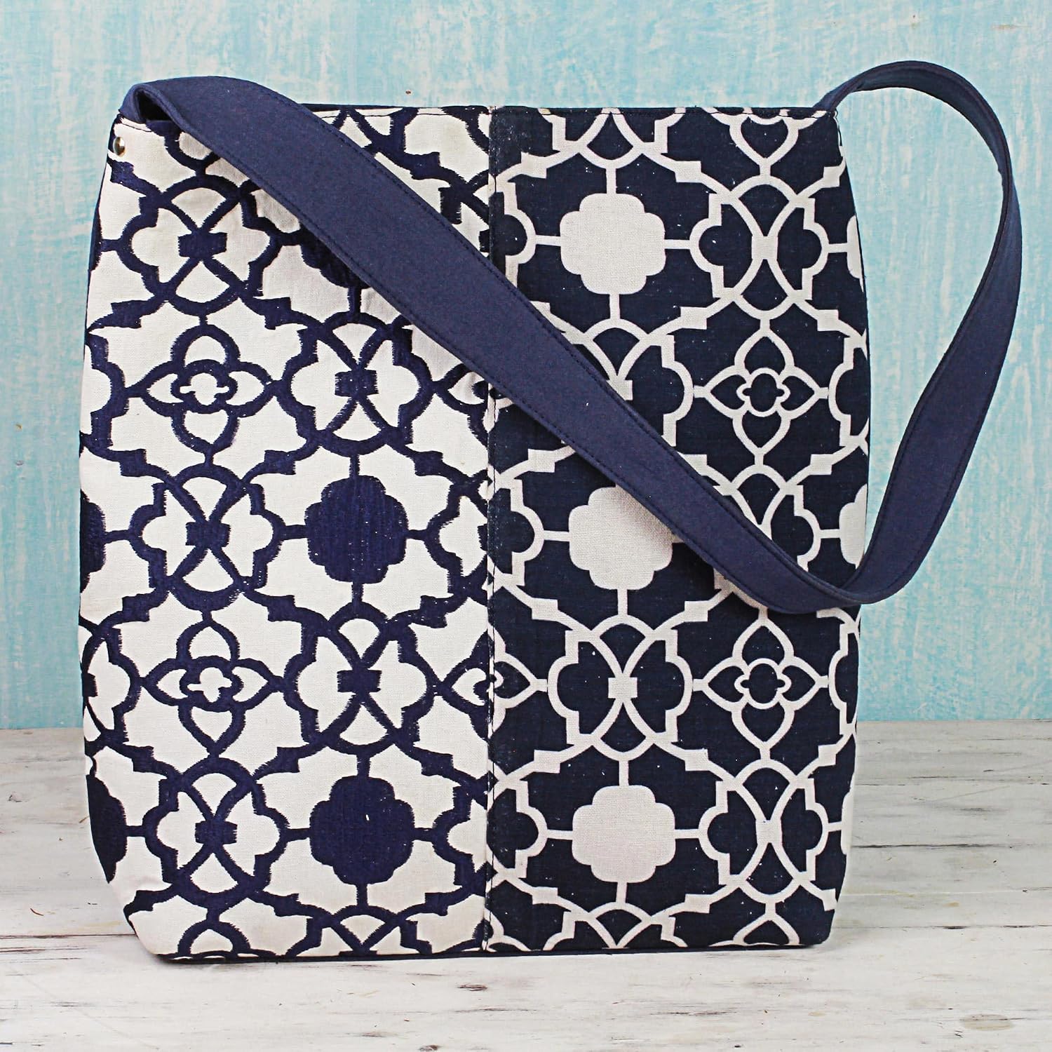 NOVICA Artisan Hand Embroidered Cotton Shoulder Bag 100% Handbag from India Handbags Blue White Patternedembroidered ' Midnight Blue Elegance'