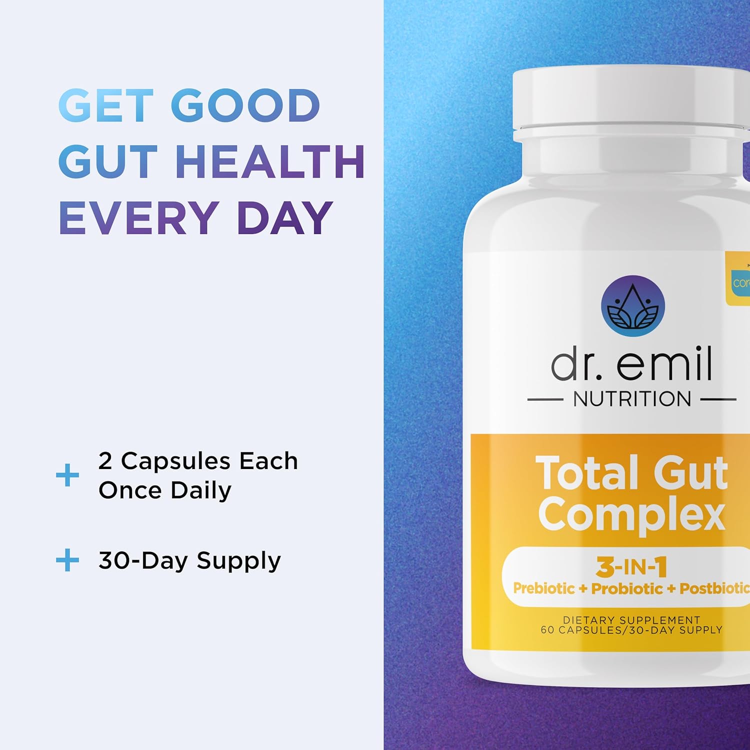 DR. EMIL NUTRITION Women & Men Total Gut Health Complex | Prebiotic + Probiotic + Postbiotic Gut Health Supplements | Probiotics Digestive Health & Gut Health | 60 Capsules