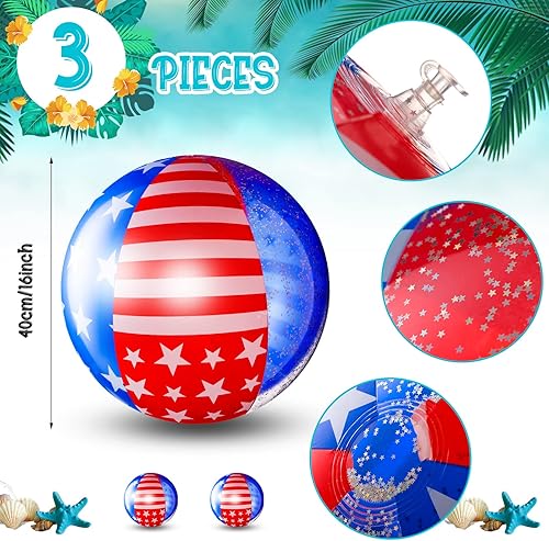 Miniatura 2 de Juego de 3 bolas de playa patrióticas inflables para piscina, bolas de playa rellenas de estrellas con confeti de 16 pulgadas, bolas de playa