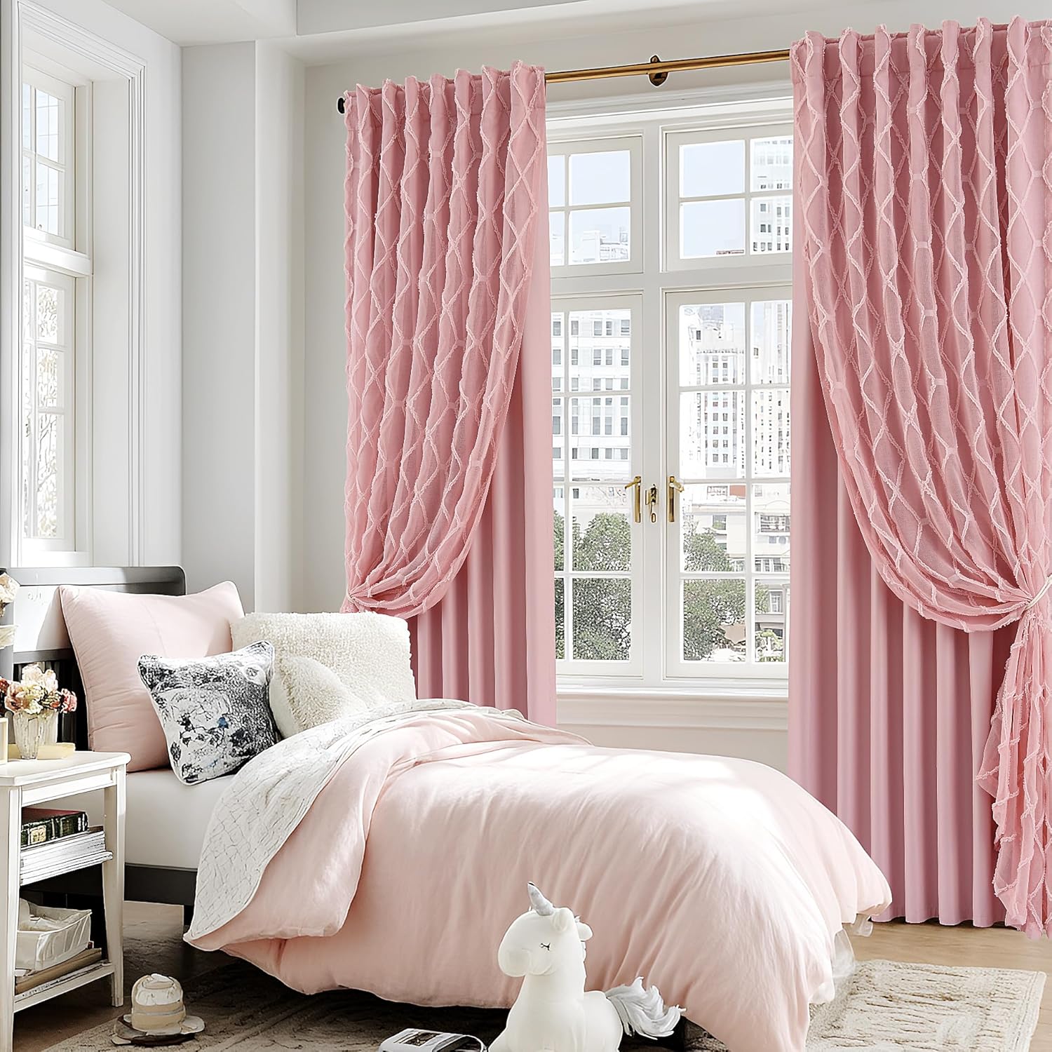 Guken Pink 100% Blackout Double Layer Curtains for Girls Bedroom Kids Room 84 Inch Length 2 Panels with Sheer Overlay Modern Country Back Tab Thermal Insulated Soundproof Drapes for Nursery 52x84