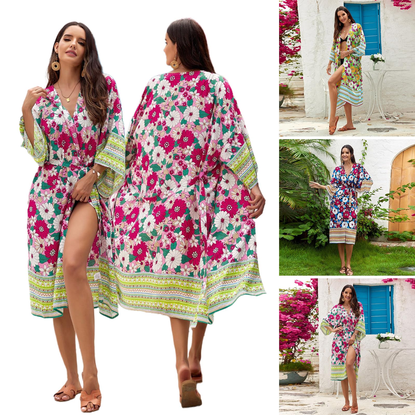 Cárdigan de playa para mujer con banda en la cintura, kimono largo de flores, frente abierto, cárdigan de playa
