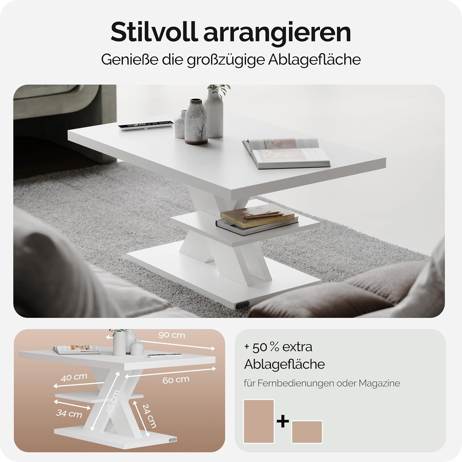 Casaria Detroit Coffee Table with items arranged on its surface and lower shelf, showing dimensions