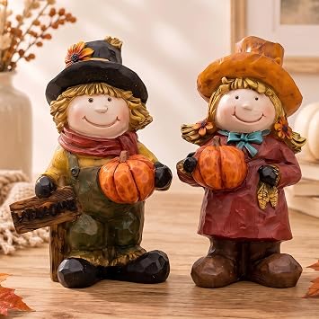 Topadorn Fall Scarecrow Figurines Set of 2, Thanksgiving Pumpkin Decor
